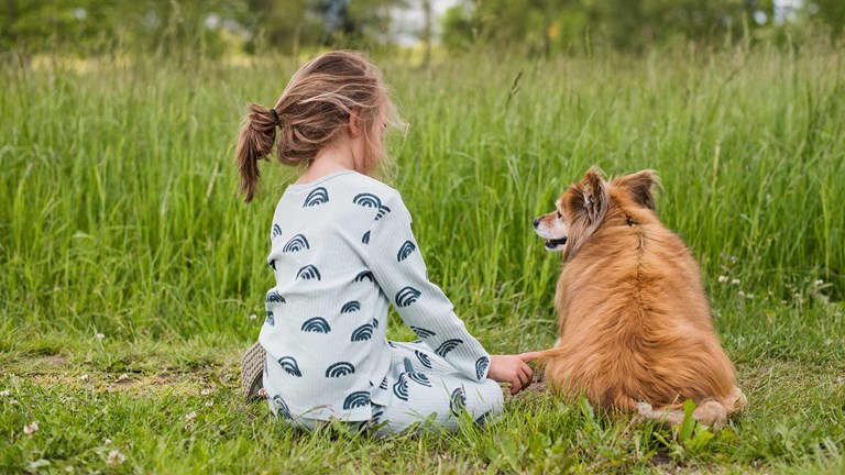 Pige og hund på en mark