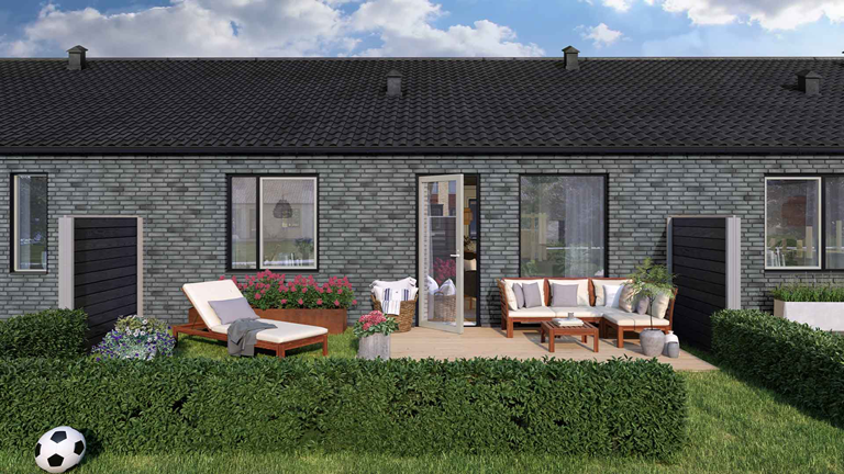 Gråt rækkehus i 1 plan med have og terrasse med havemøbler